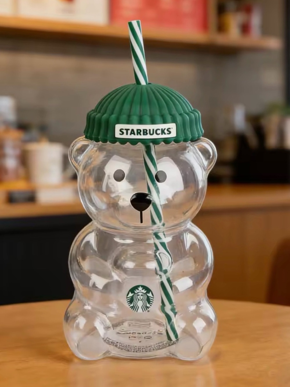 Starbucks Clear Bear-Shaped Glass Cup with Green Beanie Lid